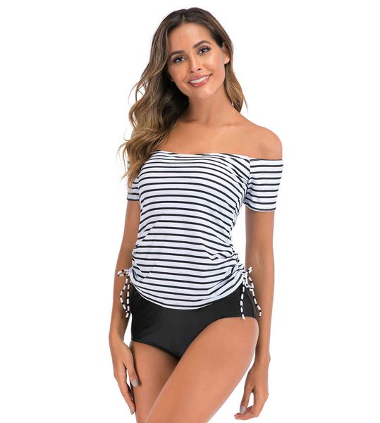

2021 split swimsuit stripe large conservative bikini high waist, White;black