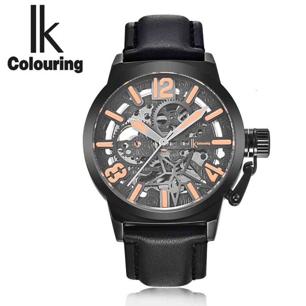 

i colouring 2019 male clock opened skeleton steampunk men automatic mechanical leather relogio masculino, Slivery;brown