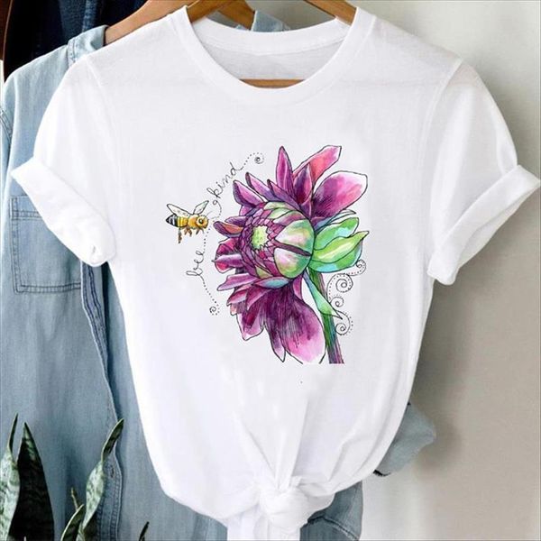

cartoon floral flower summer fashion women clothes short sleeve graphic lady print female tee, White