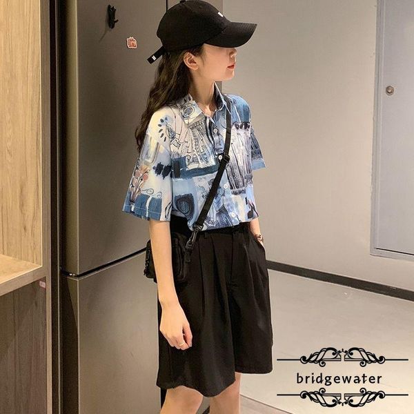 

women's blouses & shirts summer retro print shirt women niche high-quality students all-match casual loose short-sleeved, White