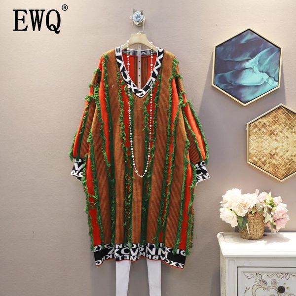 

casual dresses [ewq] 2021 spring autumn full sleeve v-collar tassel hit color large size loose wild women's fashion high street dress t, Black;gray