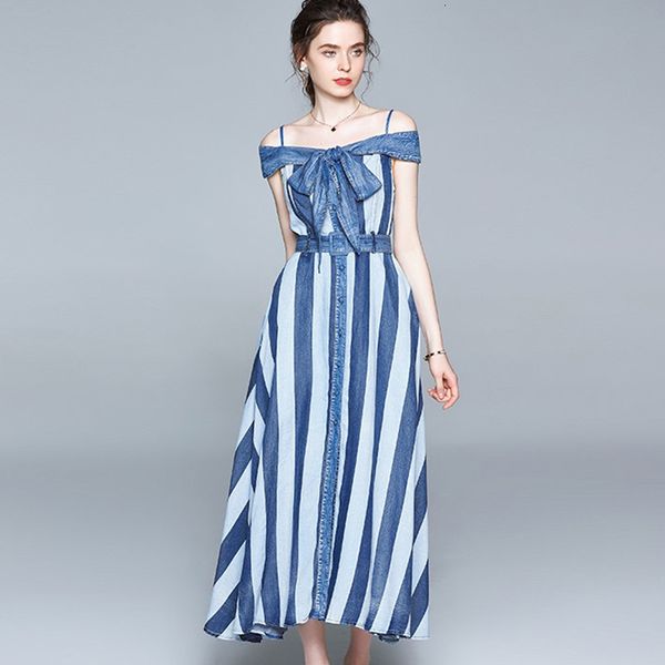 

casual dresses female denim summer 2021 casual vintage slash neck strapless sleeveless stripe thin long, Black;gray