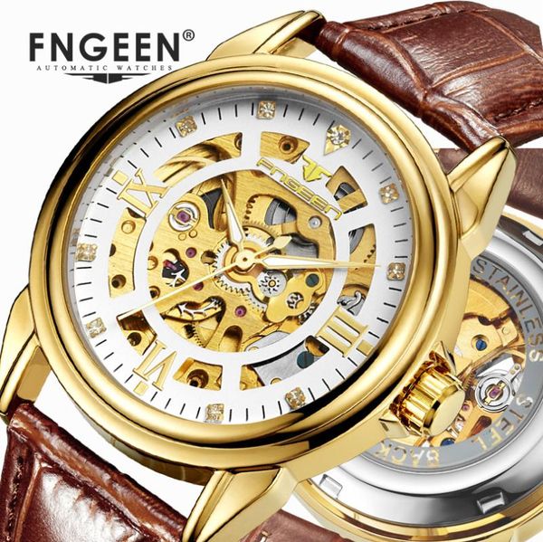 

skeleton automatic watch mens luxury diamond clock fashion gold leather meale mechanical tourbillon wristwatch wristwatches, Slivery;brown