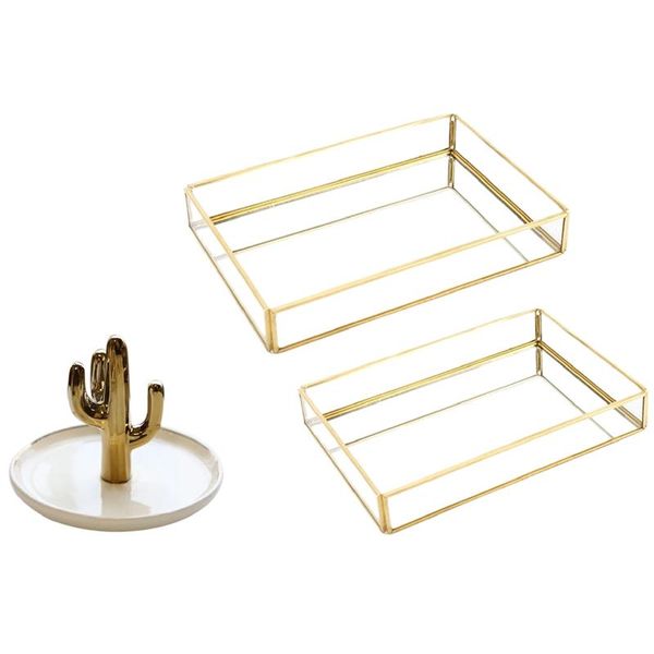 

jewelry pouches, bags 1x cactus shaped display storage trays & 2pcs tray gold rectangle glass makeup organizer s m, Pink;blue