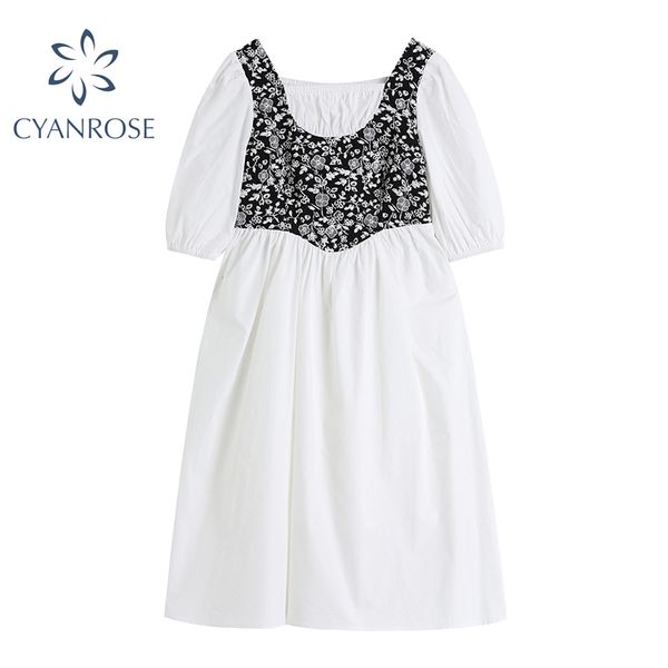 

women's summer vintage spliced dress square collar loose puff short sleeve french white dresses party mori girl vestidos 210417, Black;gray