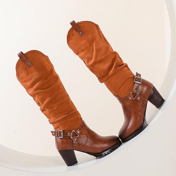 

boots 2021 women knee high heel lady riding botas warm winter shoes pleated western cowboy casual footwear, Black