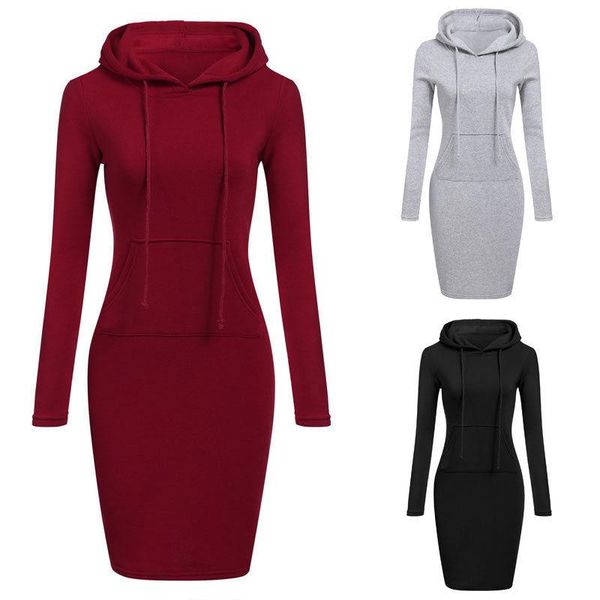 

casual dresses autumn winter women long sleeve hooded dress solid color pockets skinny sweatshirts thermal hoodies, Black;gray
