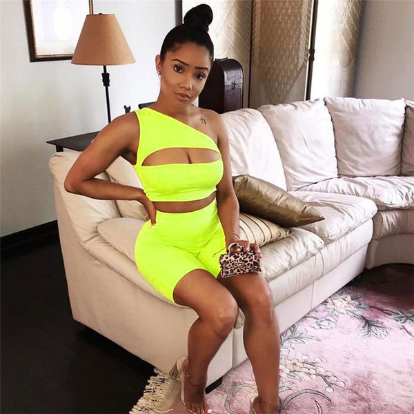 

women's tracksuits summer women neon hollow out skinny set sleeveless one-shoulder crop shorts fitness two pieces sets jey9, Gray