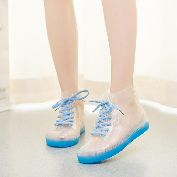 

boots pvc fashion women transparent rain rubber lace up ankle waterproof casual comfort ladies shoes, Black