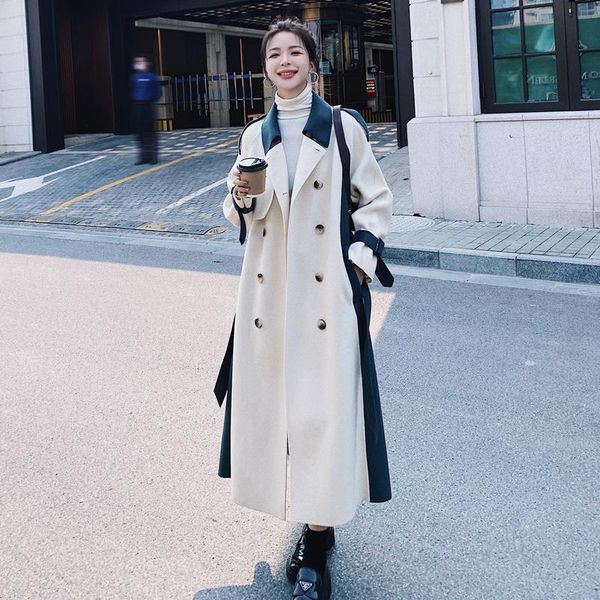 

women's wool & blends women vitage elegant double breasted belt splice color long woolen trench coat winter 2021 female korean loose ov, Black