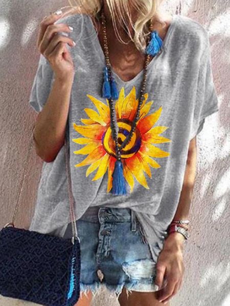 

women t shirts summer daisy print short sleeve v neck loose casual vogue shirt tee femme 2021 women's t-shirt, White