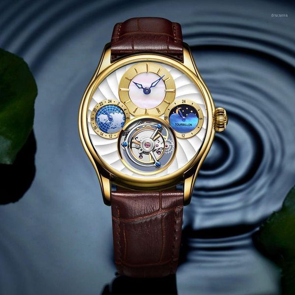 

real tourbillon watch business men watches automatic mechanical multi-function display male wristwatch wristwatches, Slivery;brown