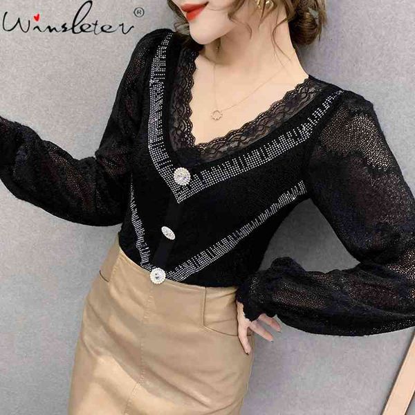 

women's t-shirt spring fall korean style girls fashion v-neck shiny diamonds patchwork lace women puff sleeve t11210a 11, White