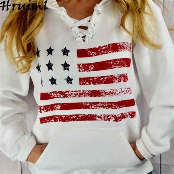

sweatshirt women oversized long sleeve hoodied us flag printing criss-cross bandage hoodies pocket streetwear vintage 210513, Black