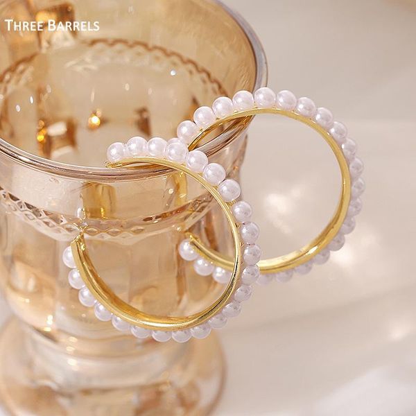 

hoop & huggie korean fashion pearl hoops earrings set for women vintage geometirc gold metal circle round big 2021 trend jewelry gift, Golden;silver