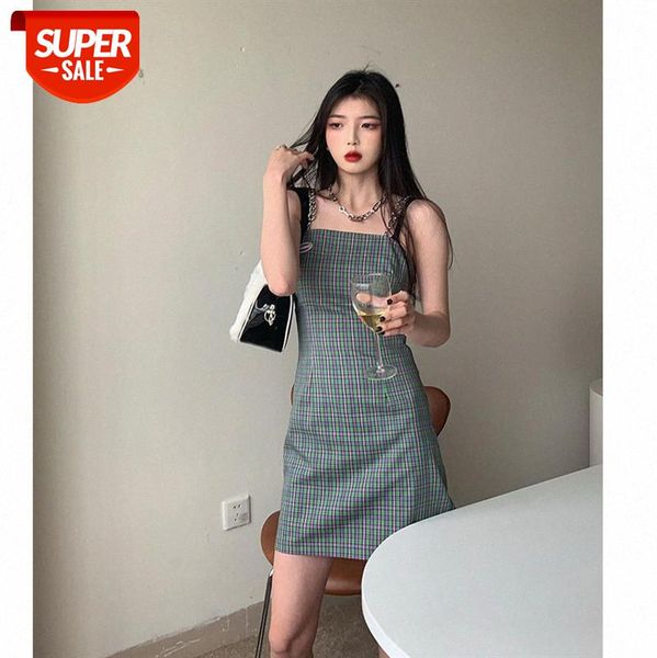 

net red korean dress women's suspenders plaid mid-length and short skirt french tea break #078x, White;black