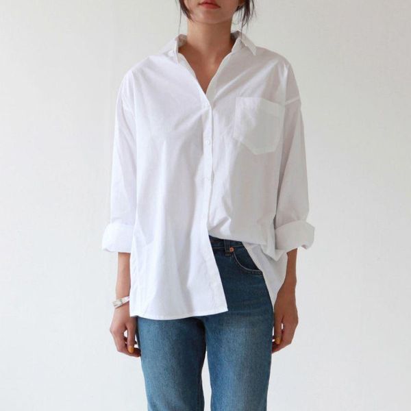 

women lapel single-breasted loose long sleeve solid color versatile white blouse women's blouses & shirts