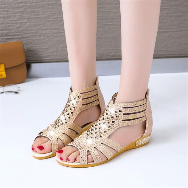 

sandals lapolaka cover heel low zip solid crystal fashion casual summer bling walk comfortable woman shoes flat, Black