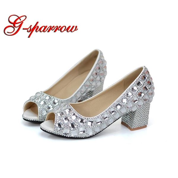 

peep toe wedding shoes silver rhinestone middle heel summer sandals open chunky bridal dress cinderella pumps, Black