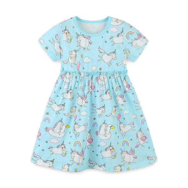 

jumping meters arrival unicorn baby clothes cotton summer princess girls dresses party kids birthday tutu cute dress 210529, Red;yellow