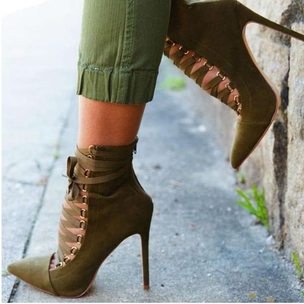 

women ankle boots women's cross straps pointed toe thin high heels autumn ladies lace-up pumps female shoes, Black