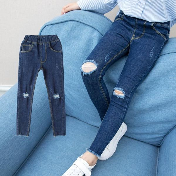 

jeans 2021 autumn ripped for girls/children torn/elastic kids korean denim pants casual skinny trousers clothes 6 7 8 9 10, Blue