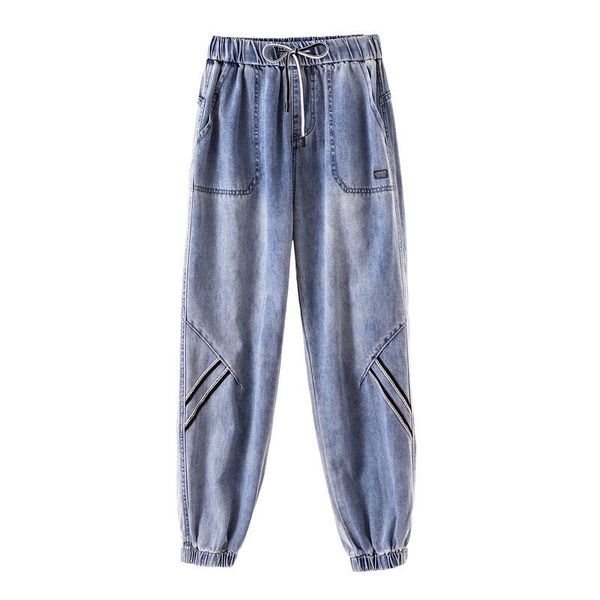 

plus size women's elastic waist ankle jeans casual slim denim pants, Blue