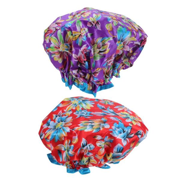 

shower caps 2pcs printed bathroom waterproof bathing hats elastic double layer bath (purple flower/red flower)