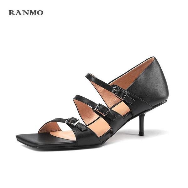

sandals 2021 square toe bag heel one word buckle high heels womens shoes leather fashionable comfortable, Black