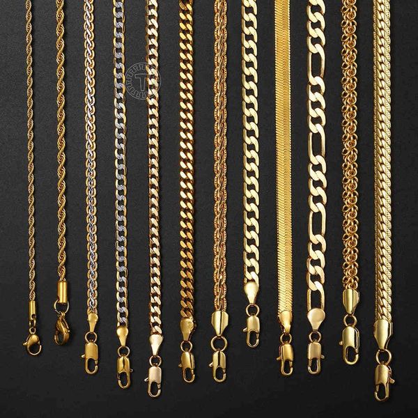 Cadeia de ouro para homens mulheres trigo figaro corda cubana link encheu colares de aço inoxidável