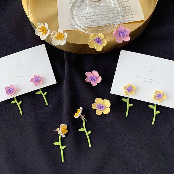 

stud korean style cute small flower earrings for women girls sweet long statement asymmetrical earring party jewelry gifts, Golden;silver