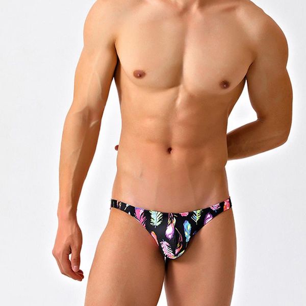 

men's swimwear 2021 black feather narrow side tight low waist swim briefs bikini swimsuits sports surf beach shorts small size
