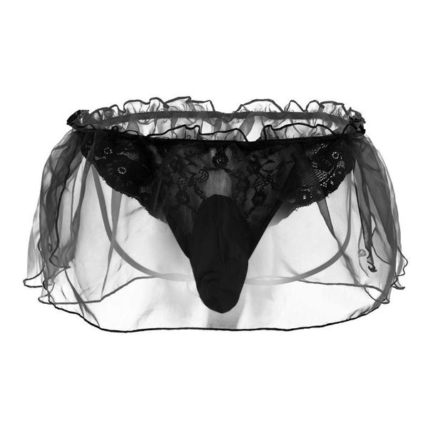

men's swimwear men lace flower organza g-string bikini underwear lingerie sissy brief bulge pouch open buelastic waistband underpants