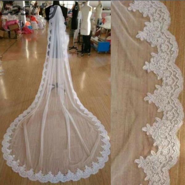 

bridal veils white ivory real pos 1 tiers cathedral lace wedding with comb veil accessories veu de noiva, Black