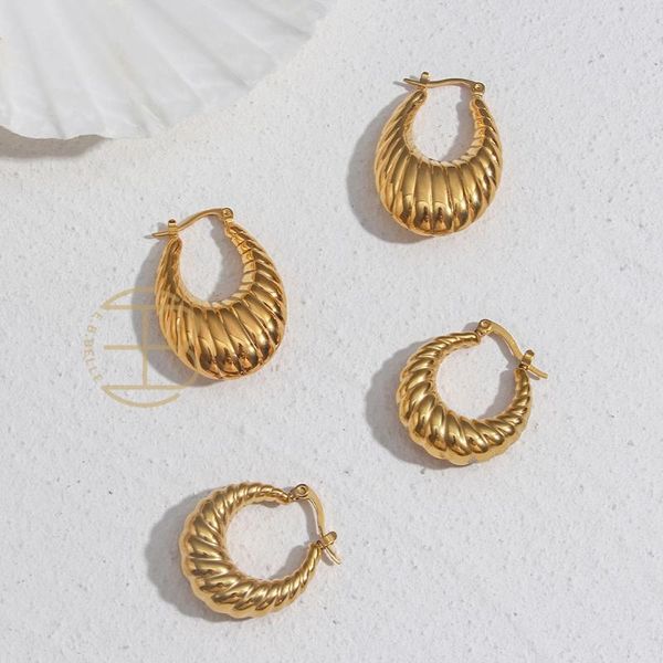 

hoop & huggie 2021 stainless steel statement earrings for girls 18k gold pvd circle oval croissant hoops shrimp pattern women's jewelry, Golden;silver