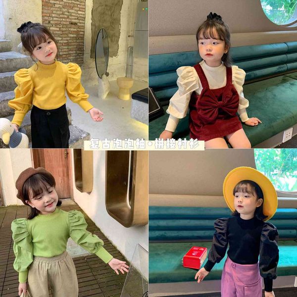 

spring autumn girl puffy sleeve fashion t shirt baby kids children long tee, Blue