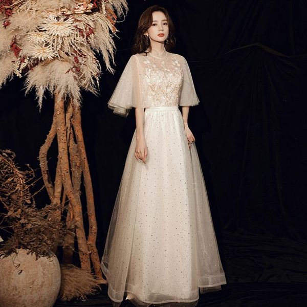 

women light champagne mandarin collar lace embroidery sequin evening dresses long a-line mesh tulle prom dress ethnic clothing, Red