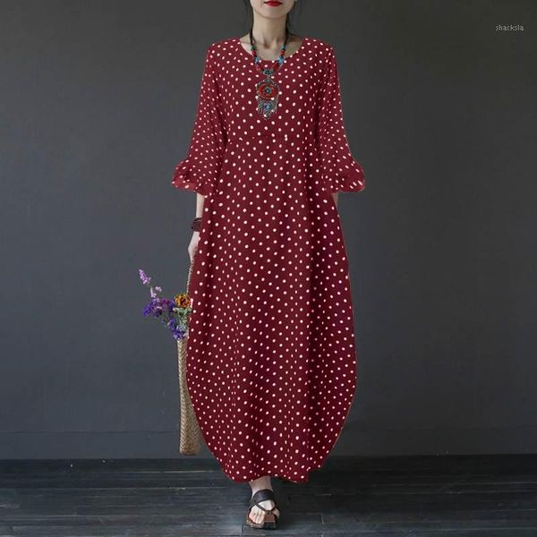 

casual dresses vintage printed maxi dress women's spring polka dot sundress 2022 long sleeve ruffle vestidos female beach robe, Black;gray