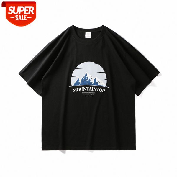 

befearle snow mountain print short-sleeved oversize loose men and women couple t-shirt tide brand ins retro #mw1r, White;black