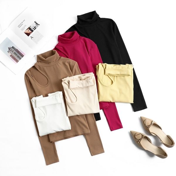 

ies skinny turtleneck woman hollow out casual long sleeve t shirt skinny spring slim tee lady clothes 210412, White