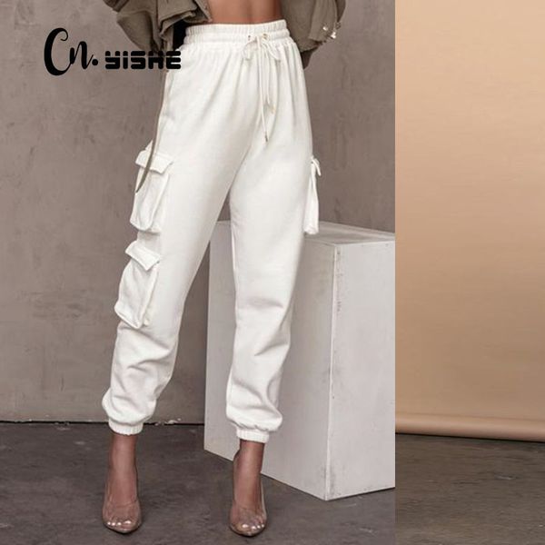 

cnyishe vintage patchwork sporty loose cargo pants women trousers elastic high waist solid lounge wear pants streetwear overalls 210419, Black;white