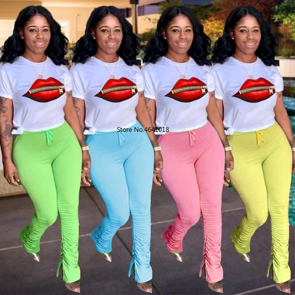 

piece set women outfits split stacked pants and print tshirt woman streetwear matching sets summer clothes female two dress, White