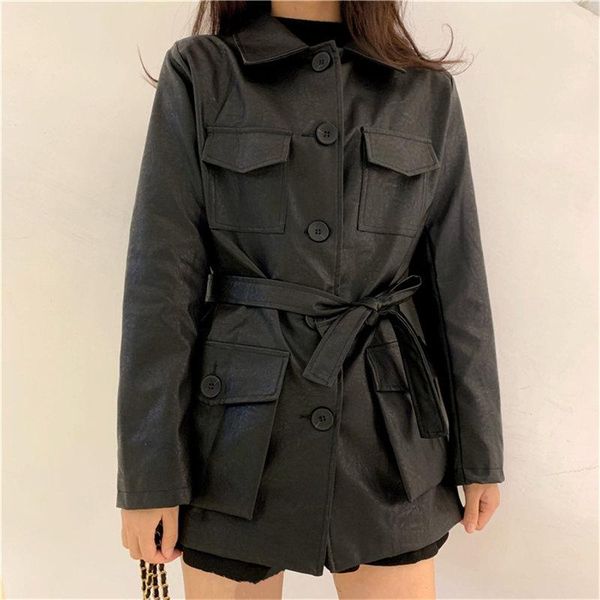 

women's leather & faux alien kitty 2021 chic autumn retro brief cool pu sashes all-match vintage locomotive girl office lady fashion co, Black