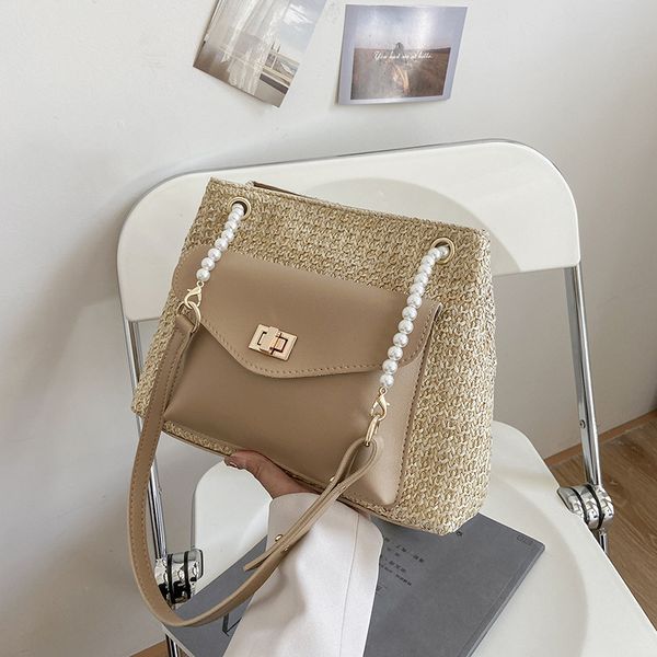 

designer straw bag ins large capacity bags women 2021 fashion summer tote handbag splicing messenger stray purse pu leather