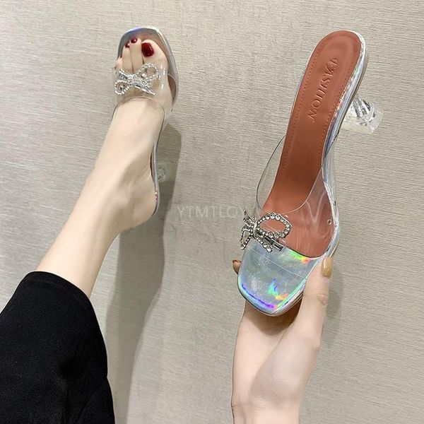

transparent pumps fashion bowknot crystal high heel sandals party shoes zapatillas de casa beach slippers, Black