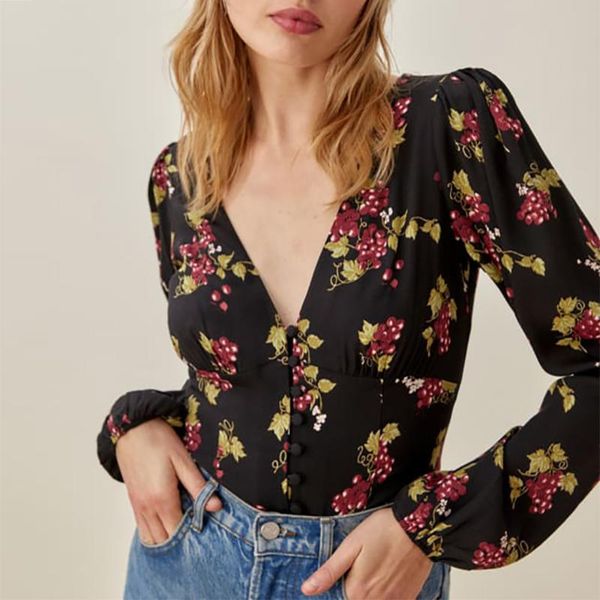 

women's blouses & shirts women deep v neck blouse grape print vintage elegant clothing long sleeve button up shirt, White
