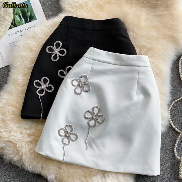

skirts guilantu 2021 summer high waisted white mini skirt women fashion beading diamond a-line short female vintage korean, Black