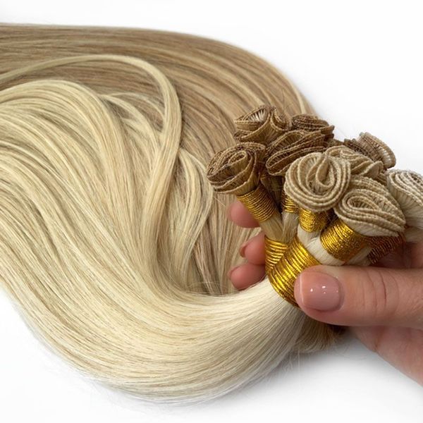 Mão amarrado extensões de cabelo de trama 100% cabelo humano virgem em linha reta 613 # 100g / pcs invisível indiano loira costura em pacotes feitos à mão