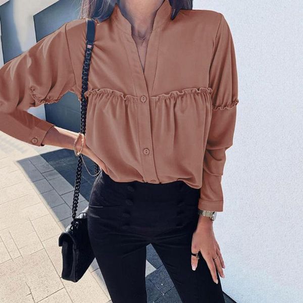 

women button blouses 2021 autumn elegant long sleeve stand neck blouse shirt ladies casual loose solid blusa femme women's & shirts, White