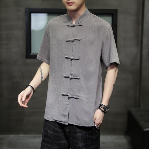 

summer chinese traditional clothes men vintage short sleeve tang suit shirt stand collar casual loose solid color shirts ethnic clothin, Red